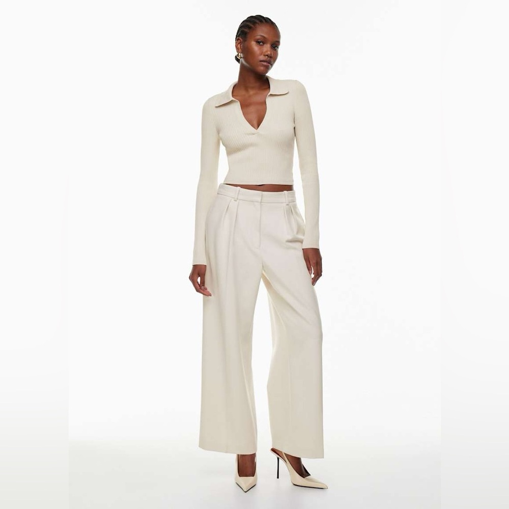 Babaton Cream Ribbed Long-Sleeve Collared Top